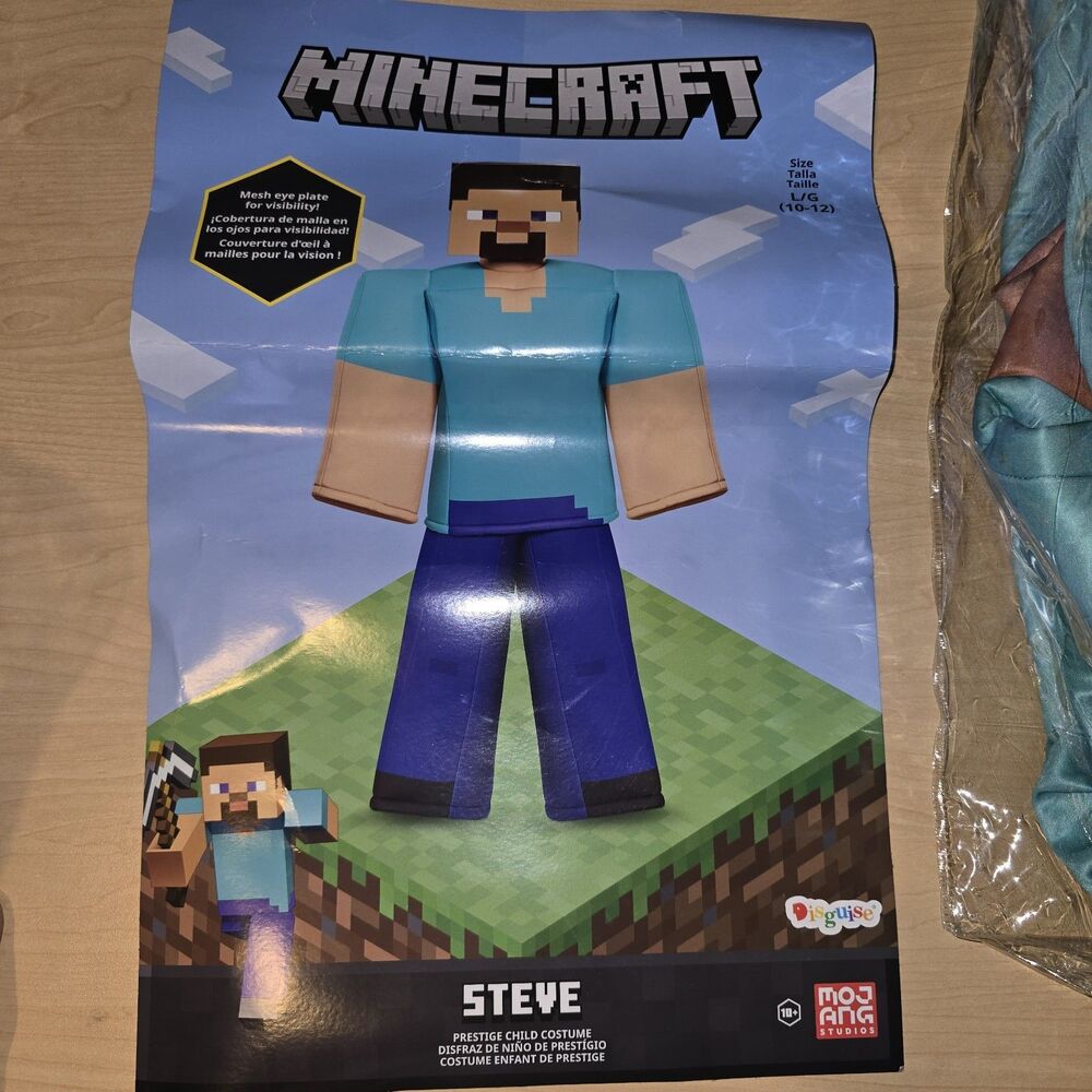 Minecraft Steve Costume Halloween Disguise Kid Large 10-12 Dress Up Pretend Play